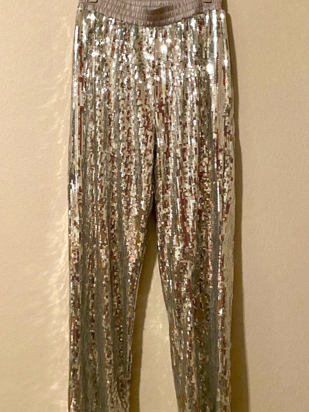 Kiwi Silver Sequin Straight-Leg Pants with Elastic Waist